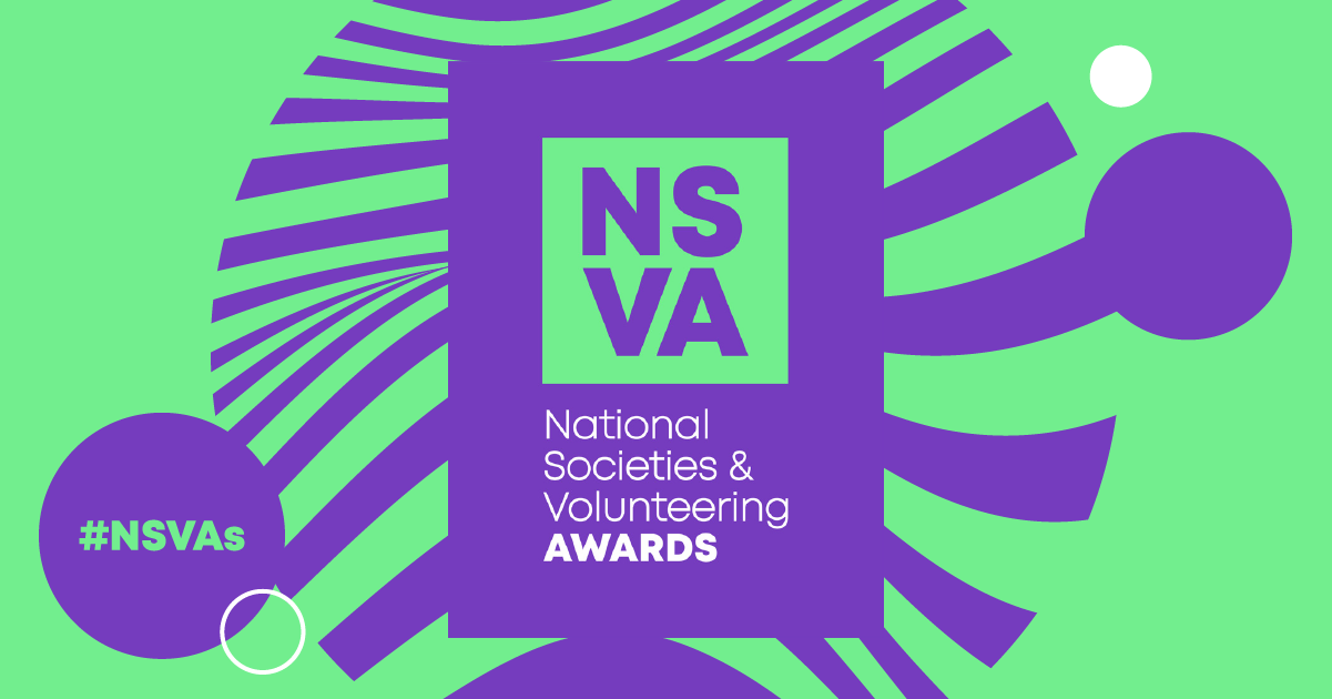 Logo - NSVA, National Societies & Volunteering Awards, #NSVAs - mixture of white, purple and green colours